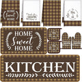 Fourluoo 10 Pcs Kitchen Set Kitchen Towels and Rugs Oven Mitts and Pot Holders Farmhouse Decor for Women Mom Gift Cooking Baking Grilling (Brown White)