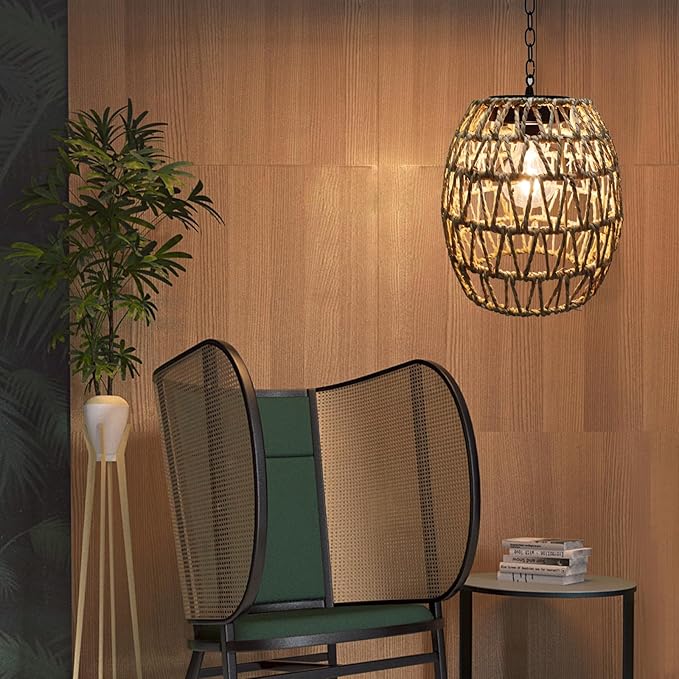 Larekook Hanging Solar Lanterns Outdoor Waterproof, Natural Seeweed Rattan Lantern Bamboo Woven Hanging Pendent Light with Edison Bulb,Solar Chandelier Outdoor Light for Gazebo Garden Porch Patio