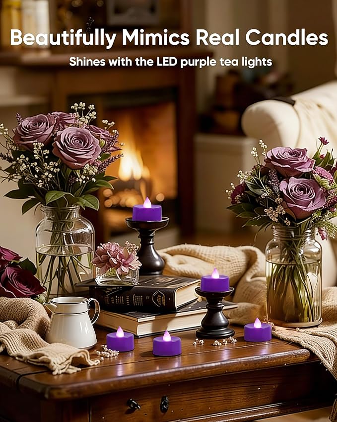 Amagic 30 Pcs Purple Flickering Flameless Tea Lights Battery Operated, 200+ Hours Long Lasting Colored Candles for Wedding, Table Centerpiece, Home Decor, Party, Halloween, Christmas, Proposal