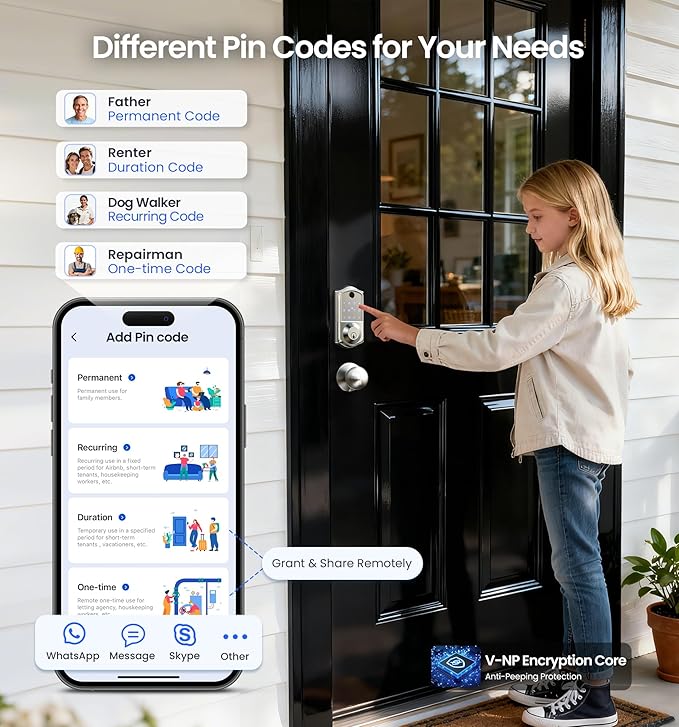Veise VE017-K Fingerprint Smart Lock with 2 Knobs, App Control, Keyless Entry Front Door Lock Set, Electronic Touchscreen Keypad Deadbolt, Emergency Power Port, Easy Install, Auto-Lock, Satin Nickel