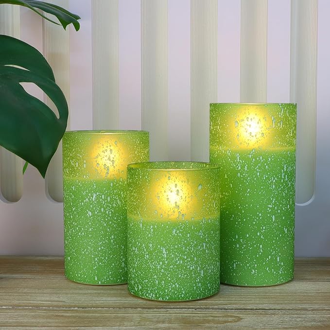 Mingfuxin Green Flameless Candles with Remote – Battery Operated LED Flickering Pillar Candles with Timer for Safe Home Decor – Ideal for Family with Kids and Pets