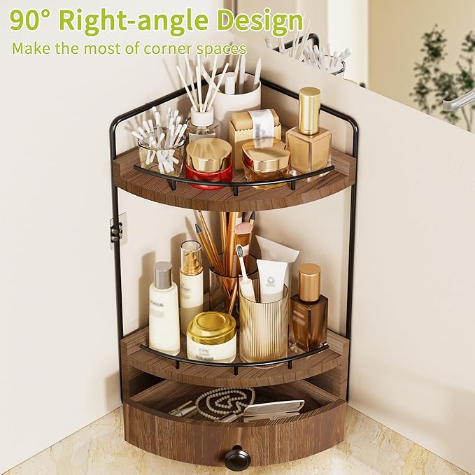 2-Tier Corner Bathroom Countertop Organizer with Drawer, Wooden Vanity Organizers for Makeup and Skincare Storage, Corner Counter Shelf with Embedded Screw Holes, Dark Brown