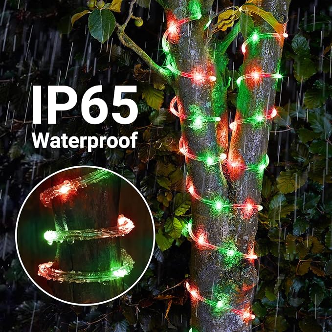 Solar Rope Lights, 2 Packs Total 66ft 200LED Solar String Lights, 8 Modes Waterproof Solar Powered Outdoor Light, Flexible Clear Tube Light for Garden Yard Patio Deck Porch Tree Xmas Decor -Red &Green