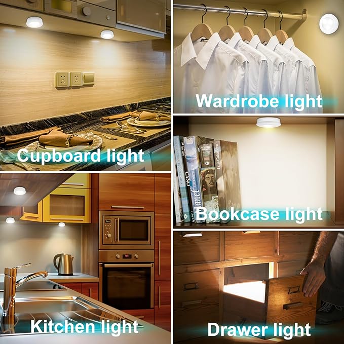BIGMONAT LED Puck Light, Stick on Lights, Closet Lights Battery Operated, Tap Lights, 60 Lumens Touch Light, Under Cabinet Lighting, Ideal for Kitchen Cabinets, Closets, Garage and More, 3-Pack, White