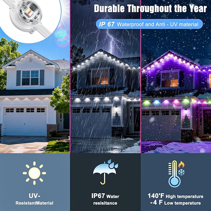 JOH Permanent Outdoor Lights,100FT RGB+IC Smart Eave Lights with DIY Color, IP67 Waterproof, App & Remote Control, 72 Scene Modes, Outdoor Roof Lighting for Christmas, Holiday & Daily Decor