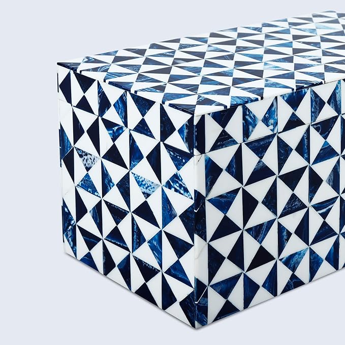 Handicrafts Home Blue and White Decorative Storage Box with Lid– Large Decorative Storage Box, Handmade Resin Inlay Wooden Box, Memory Keepsake Box, Jewelry Organizer, Coffee Table Decor Box-10x5x5