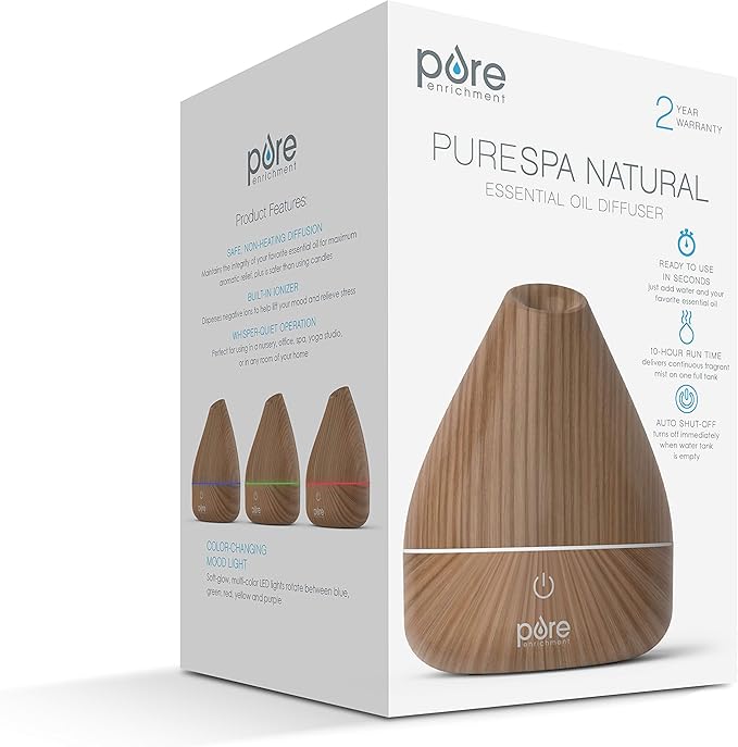 Pure Enrichment PureSpa Natural Aromatherapy Oil Diffuser (Natural) - Ultrasonic Air Deodorizer with 200ml Water Tank, Wood-Grain Accents, Soft Color-Changing Lights, and Auto Safety Shut-Off