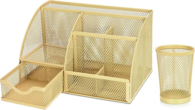 Flexzion Desk Caddy Organizer Set (Gold) - Metal Mesh Desktop Caddy with Drawers, 6 Compartments, and Pencil Holder for Women & Men - Desktop Organizer and Storage for Work or Office Supplies