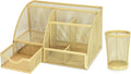 Flexzion Desk Caddy Organizer Set (Gold) - Metal Mesh Desktop Caddy with Drawers, 6 Compartments, and Pencil Holder for Women & Men - Desktop Organizer and Storage for Work or Office Supplies