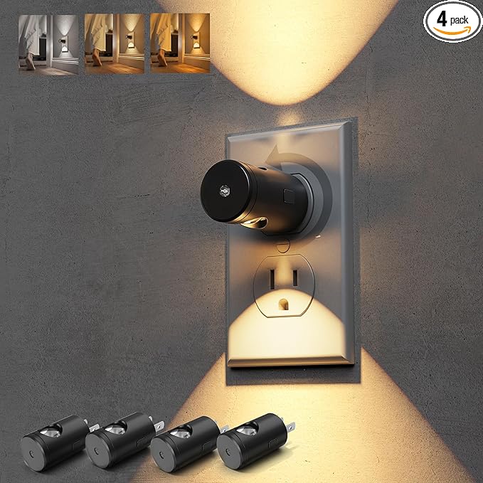 L LOHAS LED Night Lights Plug into Wall, 4 Pack 3000k/5000K/Amber Adjustable Color Temperature Night Light, Mini Nightlight with Dusk to Dawn Sensor, 180°Adjustable Lighting for Bathroom, Hallway