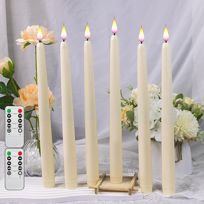 Fireless Window Candle, Cone Battery Powered LED Timed Warm 3D Wick Candle Plastic with Base, 12 Piece Set with 10 Key Remote, Home Wedding Decor (0.78x9.84 inches)