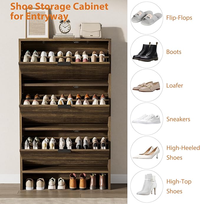 Garvee Shoe Storage Cabinet for Entryway, Fluted Shoe Cabinet with 3 Flip Drawers Doors, 32" Wide Hidden Shoe Rack Tall Freestanding Shoe Organizer for Entrance, Hallway, Living Room, Walnut