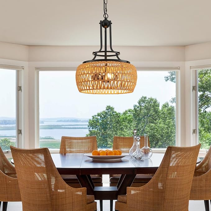 WUZUPS Rattan Boho Chandelier Rustic Farmhouse Industrial Round Coastal Hanging Pendant Light Fixture Wicker Lampshade for Dining Room Kitchen Island Foyer Entryway, H 19.6" x W 15.9", Black