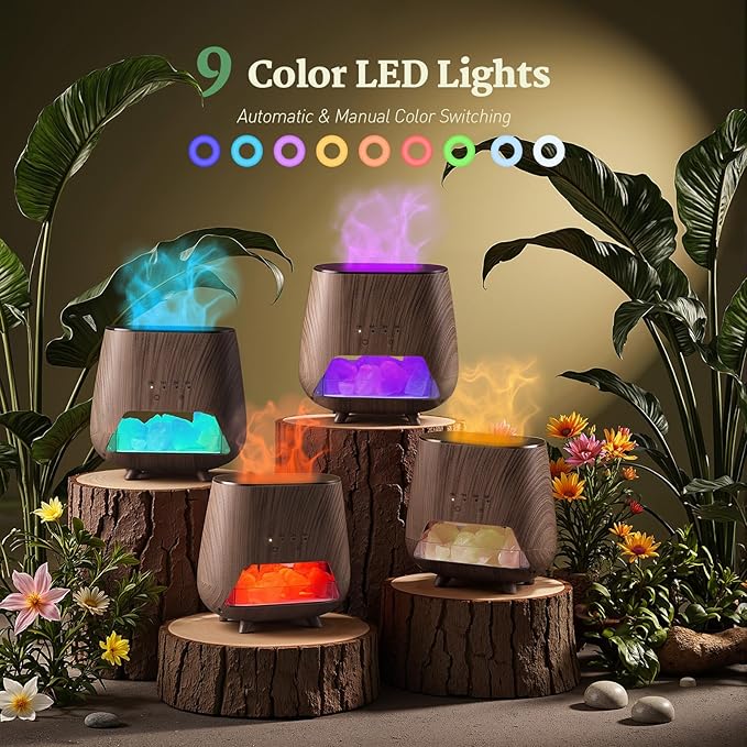 Essential Oil Diffuser for Home: 200ml Aromatherapy Diffuser with Himalayan Pink Salt Rock, Cool Mist Humidifier with Auto Off Function and 9 Colors LED Night Light for Bedroom, Black