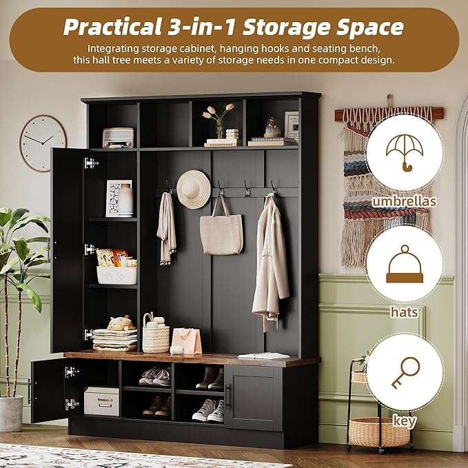 Modern 55‘’ Wide Hall Tree with 6 Hooks, Wood Brown Grain Minimalist Shoe Cabinet with Adjustable Shelves, Versatile Entryway Coat Rack for Living Room Hallway (Black-11A)