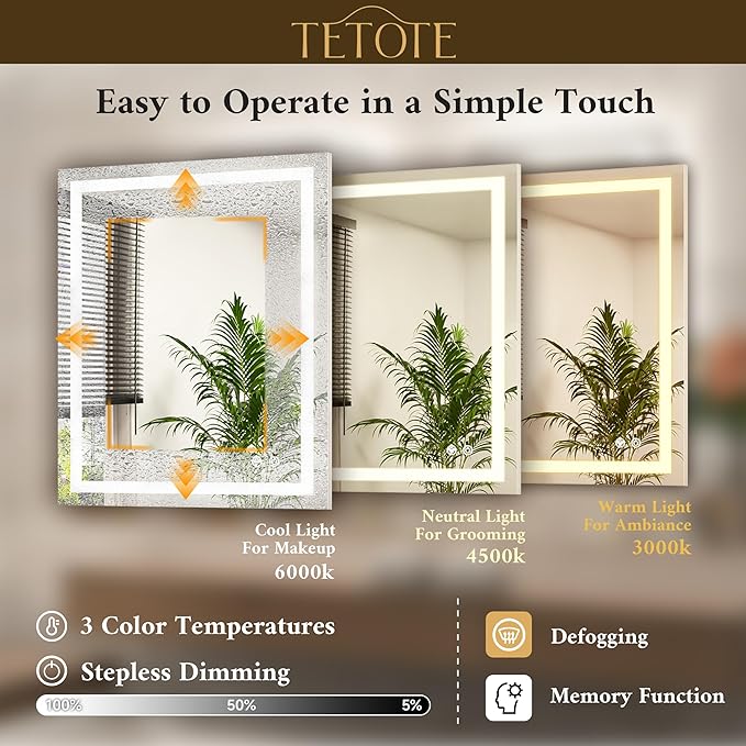 TETOTE 28 x 28 Inch LED Bathroom Mirror with Frontlit and Backlit, Brighter Light up Bathroom Vanity Mirror with Lights, 3-Color Dimmable Illuminated Anti Fog Mirror Wall Mounted, Waterproof