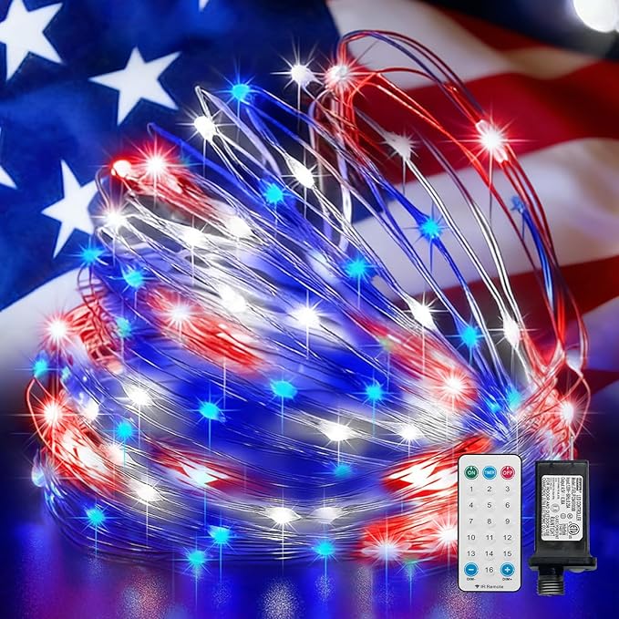 LAMPHOME Patriotic Fairy Lights Plug in, 33Ft 100 LEDs Waterproof Twinkle Firefly Lights, Adaptor Included Starry String Light for Independence Day Patriotic Holidays Decoration (Red, White & Blue)