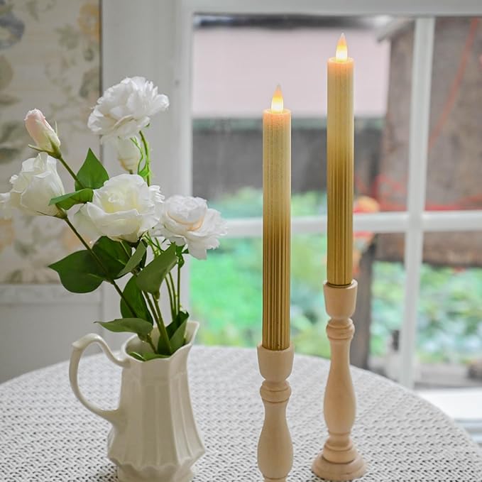 Flameless Taper Candles Flickering with Remote and Timer, 3D Moving Flame Taper Candle Battery Operated to 400 Hours, 9 Inch Window Candles, (Gradient Gold-Vertical Stripes)