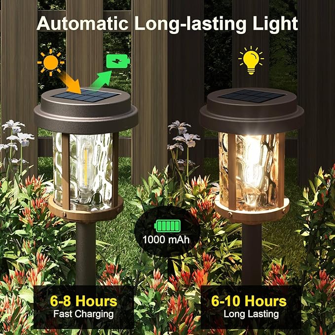 XMCOSY+ Solar Pathway Lights 6 Pack, 20 Lumens Bright Solar Garden Lights, Auto On/Off 10 Hours with Metal Glass Solar Powered, Waterproof Landscape Lights for Outside Yard Walkway Driveway Lawn
