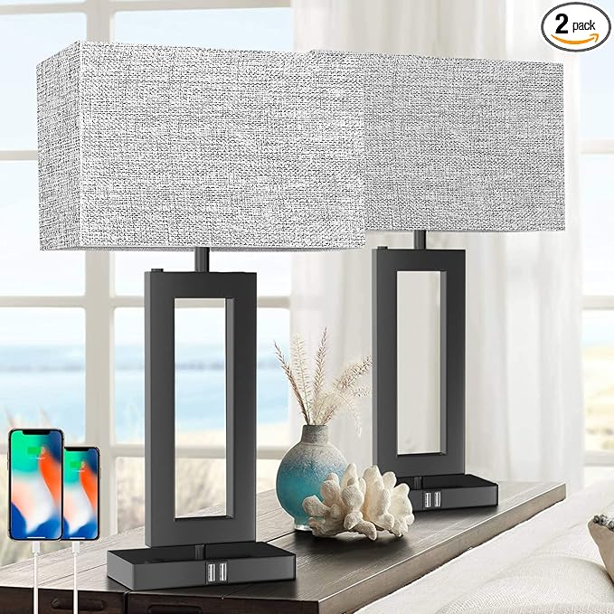 22’’ Tall Set of 2 Touch Control Table Lamp w. 2 USB Ports, 3-Way Dimmable Modern Bedroom Bedside Touch Lamps w. Fabric Gray Shade for Living Room End Table Nightstand Reading