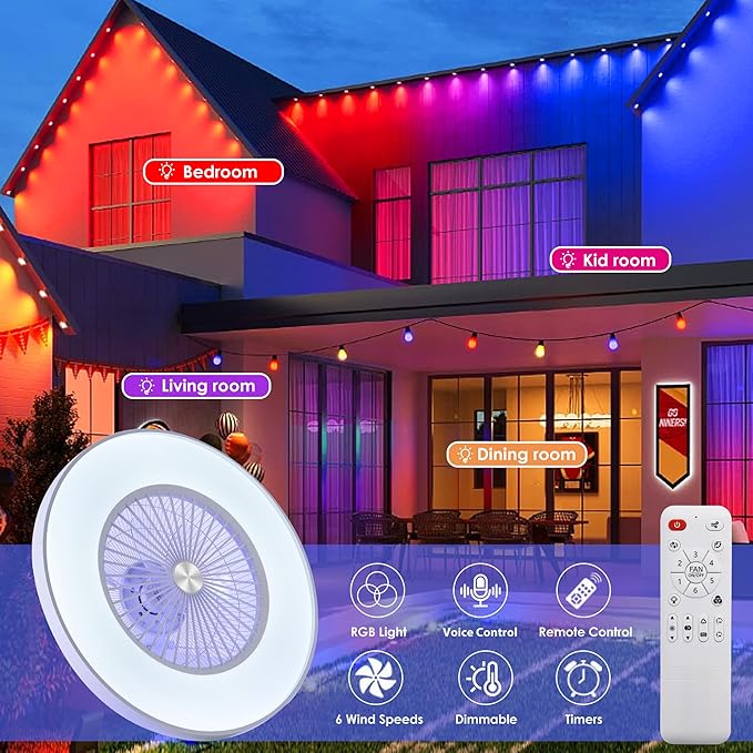 24" Smart Bladeless Ceiling Fan with RGB Ambient Light, Low Profile Flush Mount Fan with APP/Remote/Alexa Control, Dimmable LED Color Changing Light, 6-Speed Quiet Motor, White