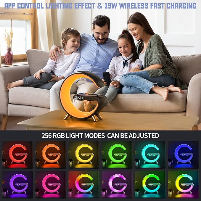 Smart LED Table Lamp,4 in 1 Night Light,Wireless Charger,Alarm Clock and Bluetooth Speaker with App Control Color Changing Atmosphere Table Lamp for Bedroom, Office, Home Decor