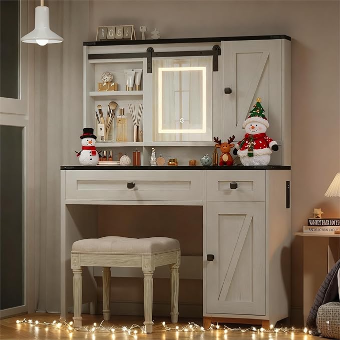 EROMMY 42" Farmhouse Makeup Vanity Desk with Lighted Mirror & Power Strips, Vanity Table with Sliding Barn Door, Open & Hidden Shelves, Drawers, Jewelry Cabinet, White Dressing Table, Light Adjustable
