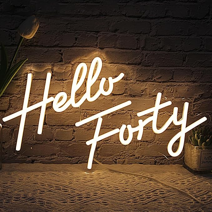 LED Neon Sign for 40th Birthday Decor, 16.5x9.4 Inch Dimmable USB Wall Art with Acrylic Backboard - Warm White Glow for Bedroom, Office, Salon (Hello Forty)