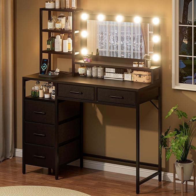 Vanity Desk with Mirror, 9 Lights, 3 Color Modes with Adjustable Brightness, 5 Spacious Fabric Drawers & Storage Shelves, Makeup Vanity with Power Outlets, Modern Vanity Table for Bedroom, Black