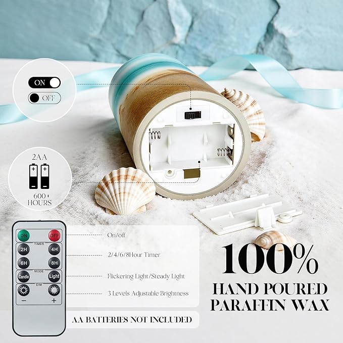 Beach Flameless LED Candles with Remote and Timer, Seashell & Starfish Pillar Unscented Real Wax, Ocean Decor for Home Bedroom Wedding Coastal Room, 3" x 4",5",6", Set of 3(Beach)