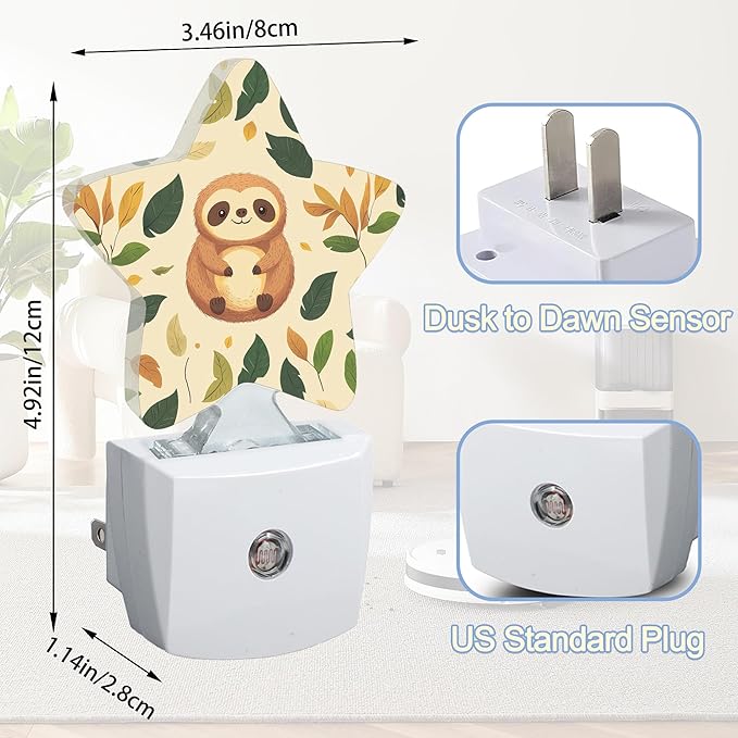 Cute Sloth Night Lights Plug Into Wall,Spring Leaves Star Night Light for Kids,Nightlight with Dusk to Dawn Smart Sensor for Bedroom Bathroom Decor,Children Women Men Gift
