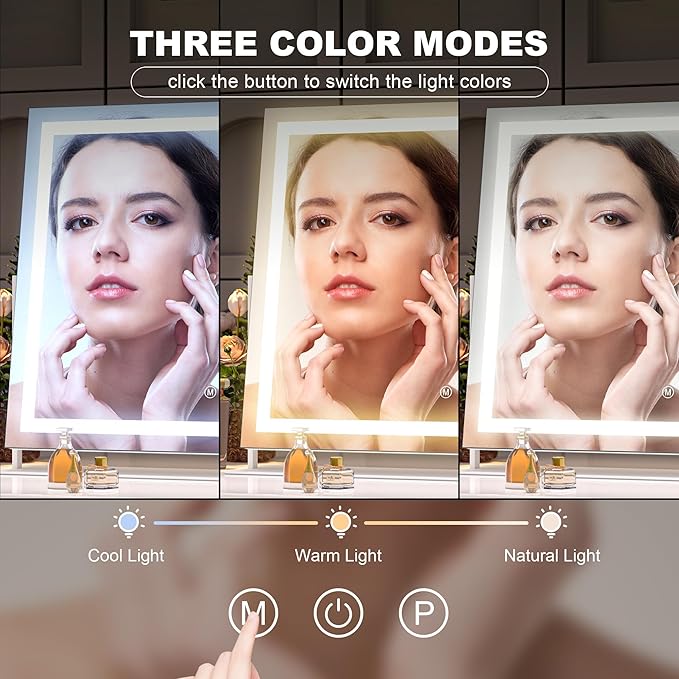 Hasipu Vanity Mirror with Lights, 17.7" x 12.6" LED Makeup Mirror, Light up Mirror with 10X Magnification, Smart Touch 3 Colors Dimmable, 360° Rotation (White)