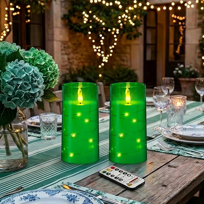 Homemory St. Patrick's Day Flameless Candles with Embedded Star String Fairy Lights, Green Battery Operated Candles, LED Candle, Fake Candles with Remote Control and Timer, Set of 2(H 6" 6")