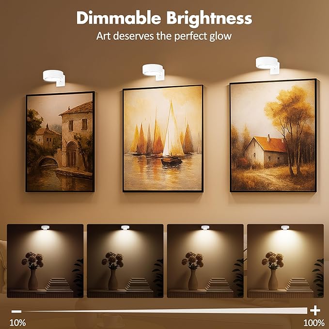6Pcs Picture Light Battery Operated, Magnetic Led Painting Light with Remote Dimmable and Timer, 3 Lighting Modes Art Display Light for Picture Frame Paintings, Wireless Wall Decor Puck Lights