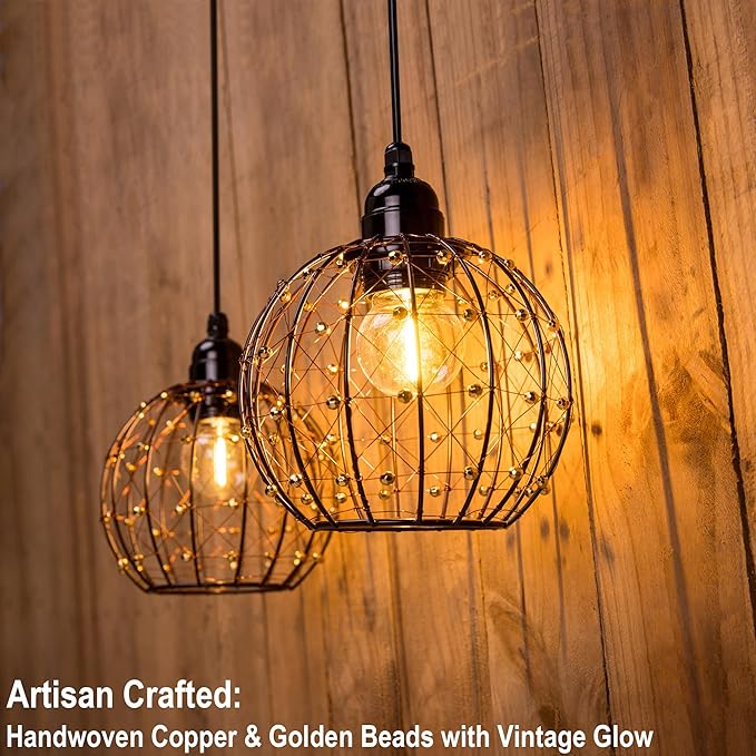 Hanging Pendant Lights, Battery Operated Outdoor Chandelier with Warm White LED Bulb for Patio Tree Pergola Gazebo Porch (Beaded Ball-G50-2PK)