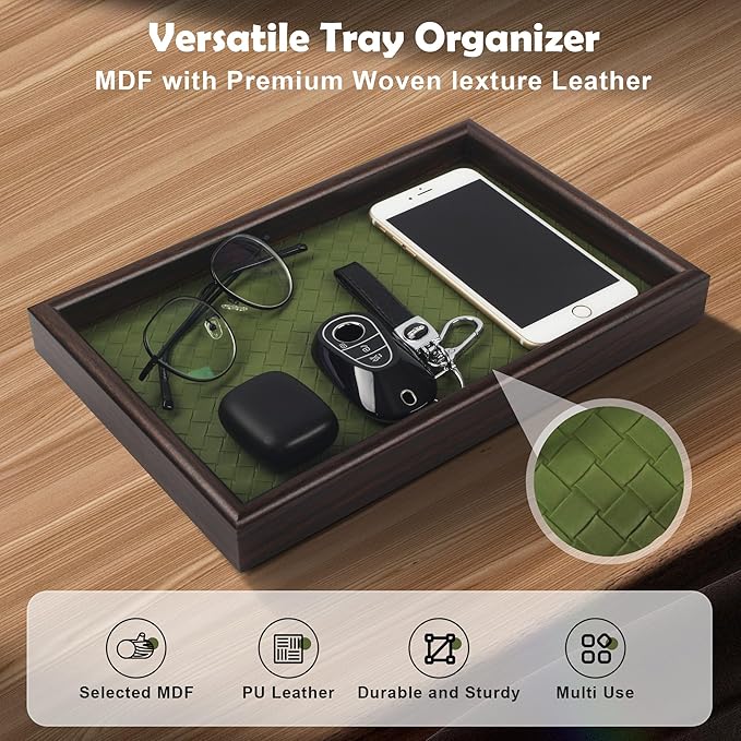 Zosenley Wooden Valet Tray with Leather Base - Nightstand Catchall Organizer for Cologne, Perfume, Keys, Wallet, Phone, Watch, Jewelry & Sunglasses (2Pcs Green)