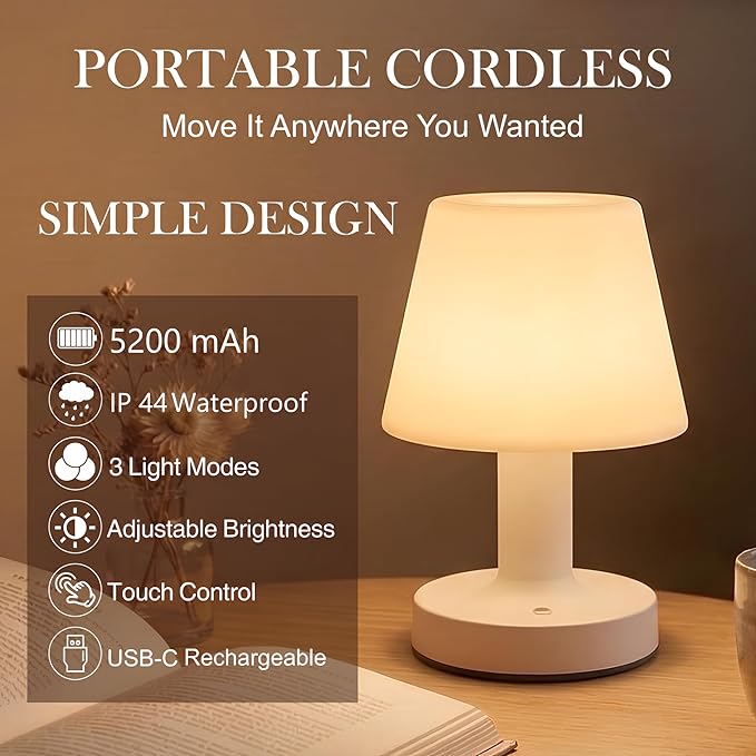 Cordless Table Lamp, Rechargeable Table Lamp, Waterproof Shower Lamp, 5200mAh Small Table Lamps, 3-Color Dimmable Touch Light, Portable Outdoor and indoor table lamp, Bedside night light (White)