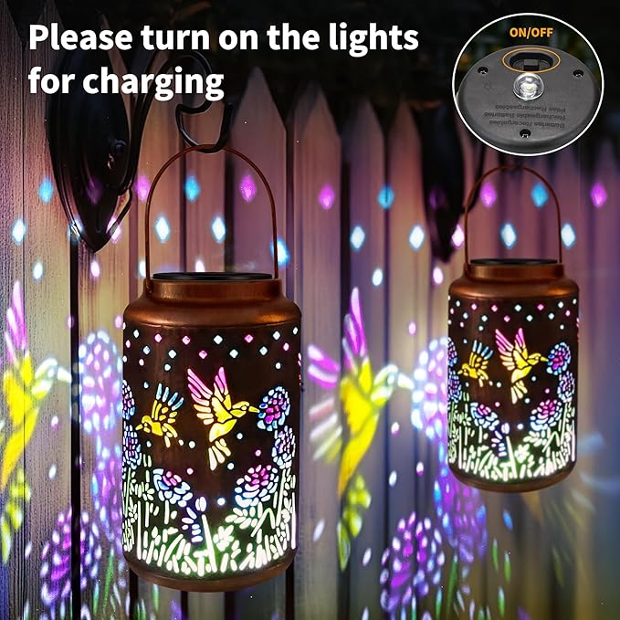 ODEETRONIC Solar Hummingbird Lantern with Colorful Projection - Hummingbird Birthday Gifts for Women Mom Grandma, Multicolor Hanging Lights Outdoor Waterproof, Solar Lantern Lights for Garden Patio