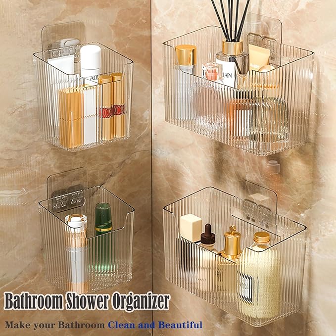 Set Of 2 Storage Organizer Bins Wall Mounted Shower Basket, Shower Caddy Stackable Clear Plastic Makeup Organizer Adhesive Hanging Bin for Bathroom, Kitchen, Cabinet, Pantry, BPA Free, Clear