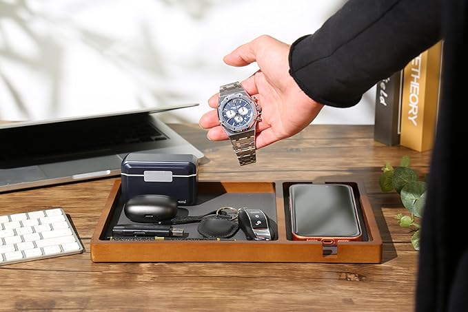 Shinpuru Wooden Valet Tray for Men, Nightstand Organizer with Leather Inlay, EDC Essentials Catchall Tray for Keys, Phone, Wallet, Watch, Earbuds - Bedside Desk Entryway Tray (Wood-Phone)