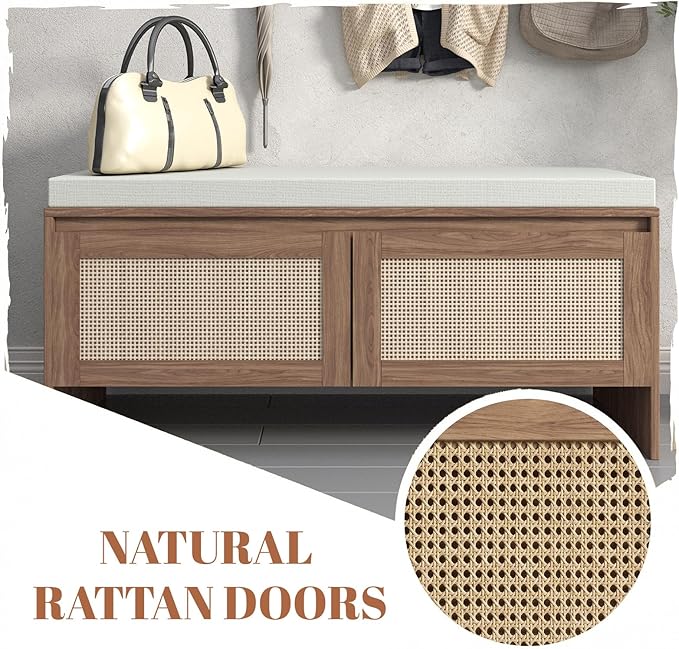 Rattan Entryway Bench with Cushion, Mid-Century Modern Shoe Cabinet with 2 Rattan Doors, Storage Bench for Hallway, Antique Natural