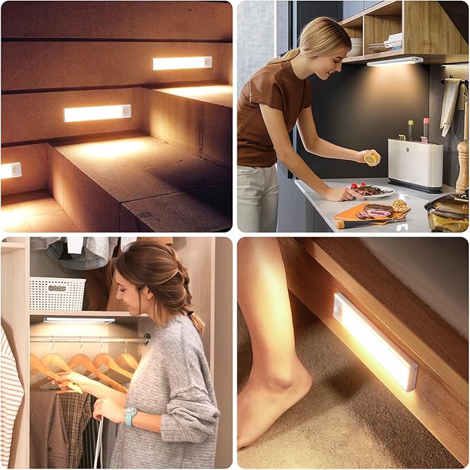 6 Pack Under Cabinet Lighting Wireless, 50 LED Rechargeable Battery Motion Sensor Light Indoor, Stick On Magnetic Closet Lights, Under Counter Lights for Kitchen, Stairs, Warm 12 in