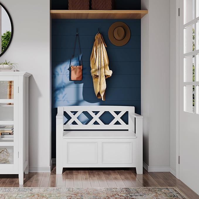 SIMPLIHOME Amherst Entryway Storage Bench - 36 inch Wide Solid Wood Hallway Bench in White, Transitional Bench for Entry or Mudroom with Lift-Up Lid, Storage Compartments and X-Back Detail