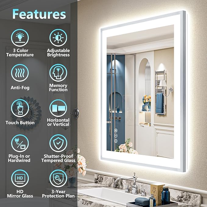 28x36 Brushed Nickel LED Bathroom Mirror with Lights, Sliver Framed Backlit and Front Lit Anti-Fog Lighted Vanity Mirrors for Bathroom Wall, Dimmable, 3 Colors, Memory, Tempered Glass, CRI＞90