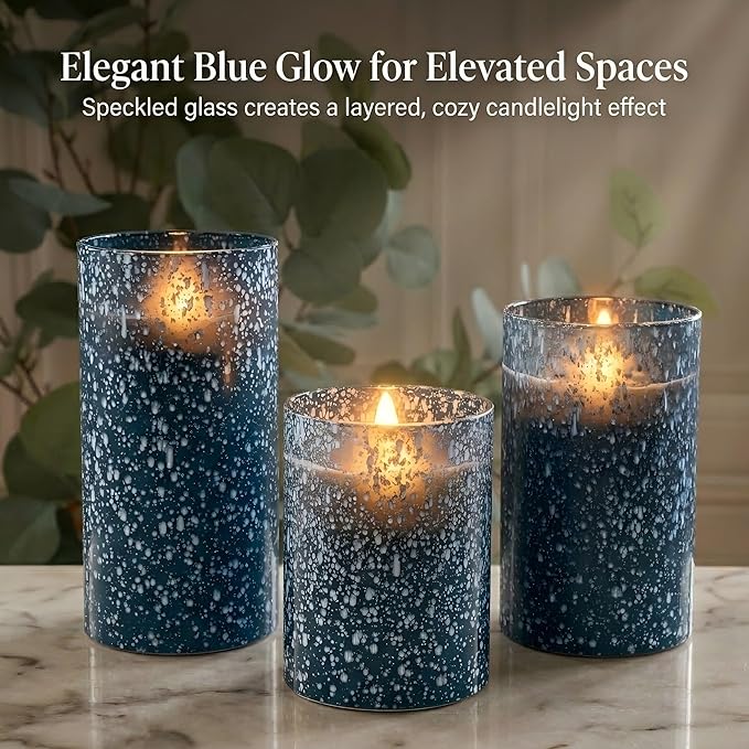 Blue Flameless Candles with Remote, Battery Operated Pillar Candles Set of 3, Flickering Real Wax LED Candles with Timer for Home Decor, Bedroom, Bathroom, Wedding Table Centerpiece