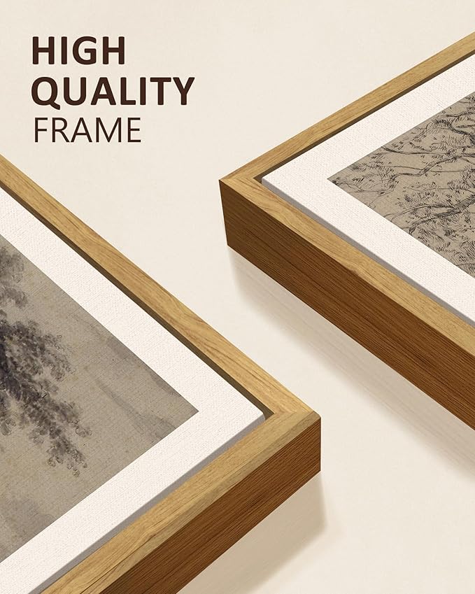KUVIOKE Large 12x24in Vintage Sketch Trees Drawings Farmhouse Rustic Framed Wall Art for Living Room Bedroom Ready to Hang Natural Framed