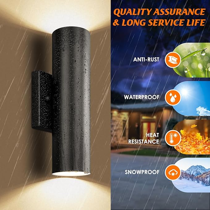GoBright Outdoor Wall Lights, 12W 3000K Integrated LED Cylinder Up Down Lights, 1200LM Super Bright Waterproof Exterior Wall Sconce, 2-Pack Modern Black Outside Wall Lantern for Porch Patio Garage