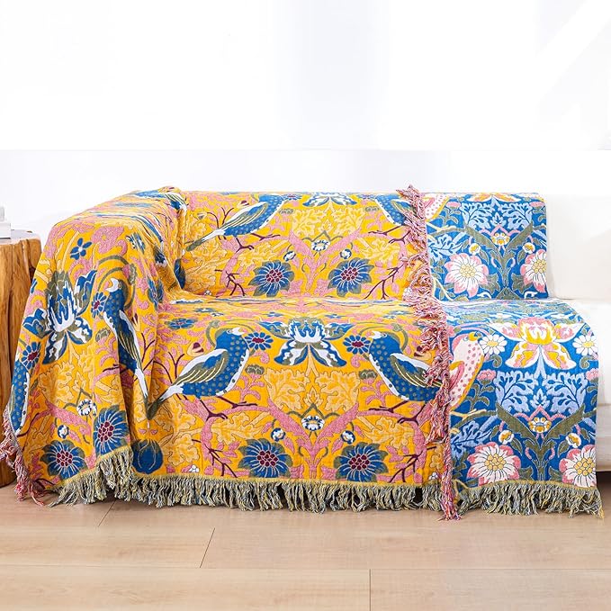 Boho Cotton Muslin Twin Size Bed Throws,100% Cotton Rustic 4 Layer Reversible Bid and Floral Woven Washable Breathable Decor Quilt 60"×80" for Couch Sofa All Seasons,Blue &Yellow