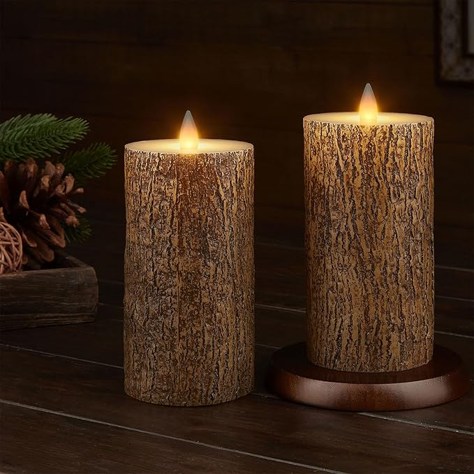 Brown Bark Wax Flameless Pillar Candles with Remote Timer, 3D Moving Flame Led Candles up to 400 Hours with 2AA Batteries, Set of 2(3''x6''), Remote Included (Brown).