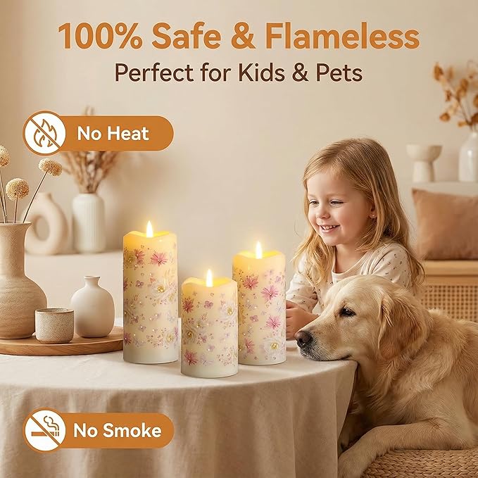 Eywamage Fiber Optic Flameless Pillar Candles with Remote, Floral Butterfly Spring LED Candles Flickering Easter Home Decor Set of 3